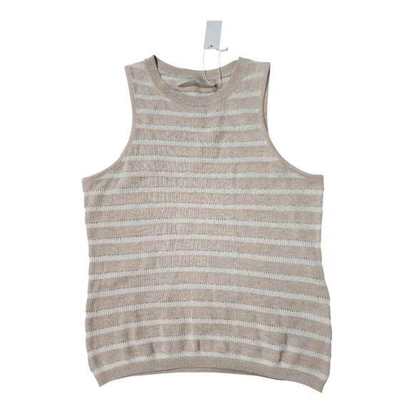 Revolve One Grey Day Beige White Striped Sleeveless Knit Tank Top Size L Casual - Picture 1 of 5